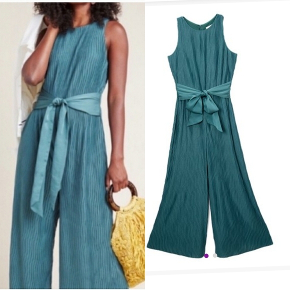 Anthropologie deep teal pleated jumpsuit - Picture 3 of 8